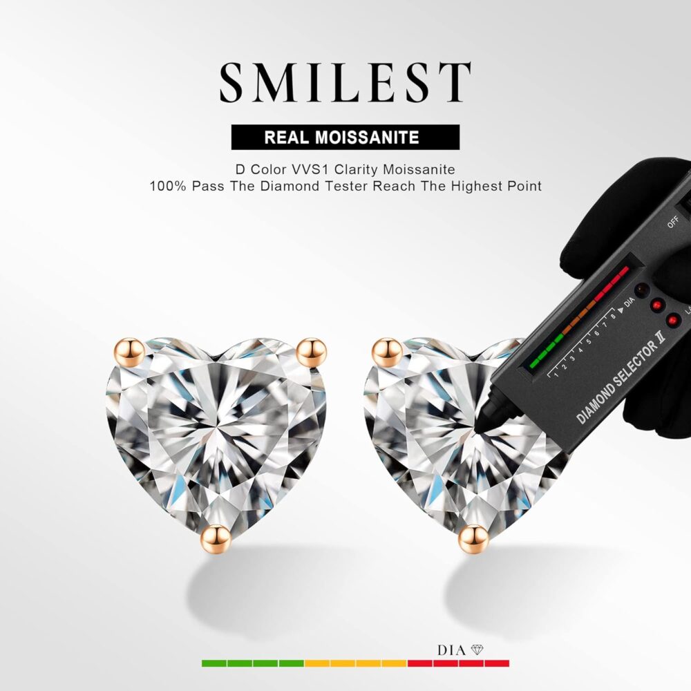 SMILEST 1-3ct Heart Moissanite Stud Earrings for Women Men, Brilliant Heart D Color VVS1 Clarity Lab Created Diamond Earrings Black Ruthenium Vermeil S925 Sterling Silver Moissanite Solitaire Earrings - Image 2