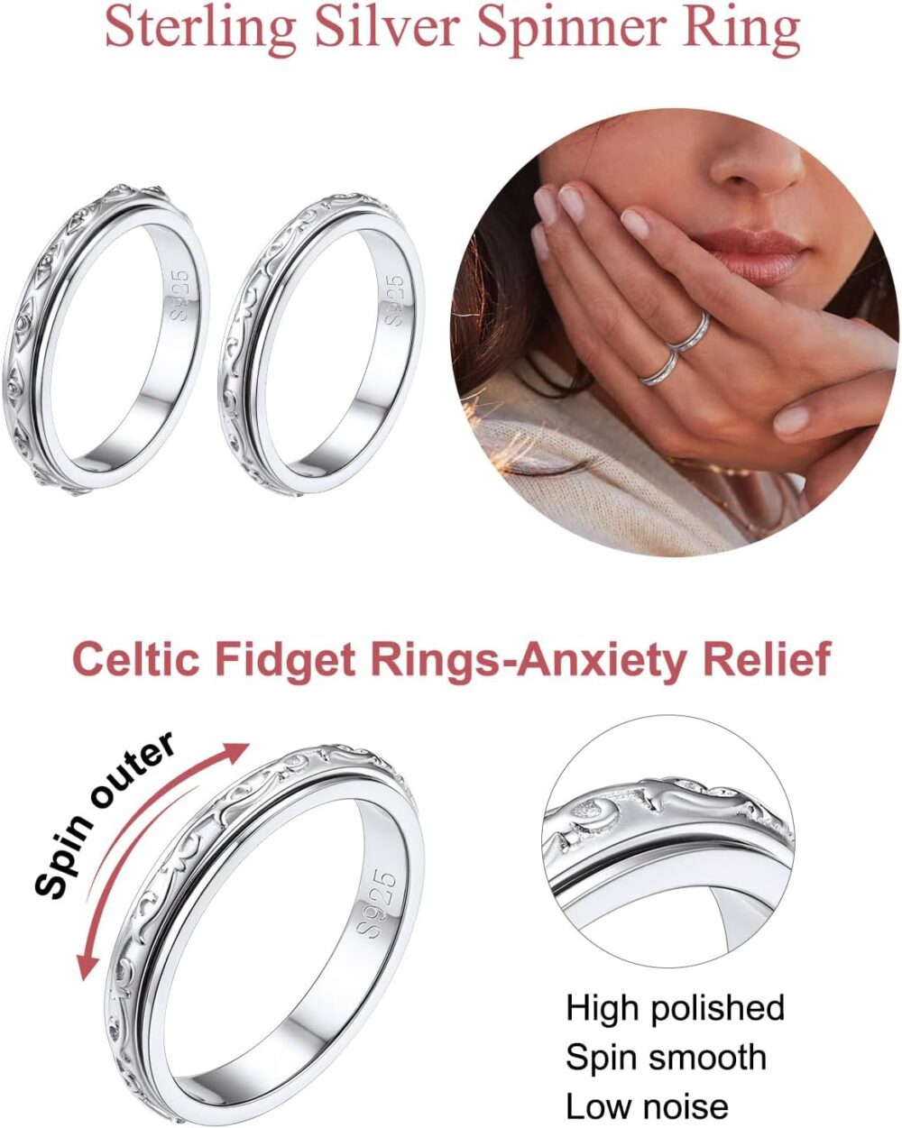 FOCALOOK 925 Sterling Silver Fidget Spinner Ring for Anxiety for Women Embossed Evil Eye/Celtic Anti Stress Spinning Ring Size 5-12 - Image 2