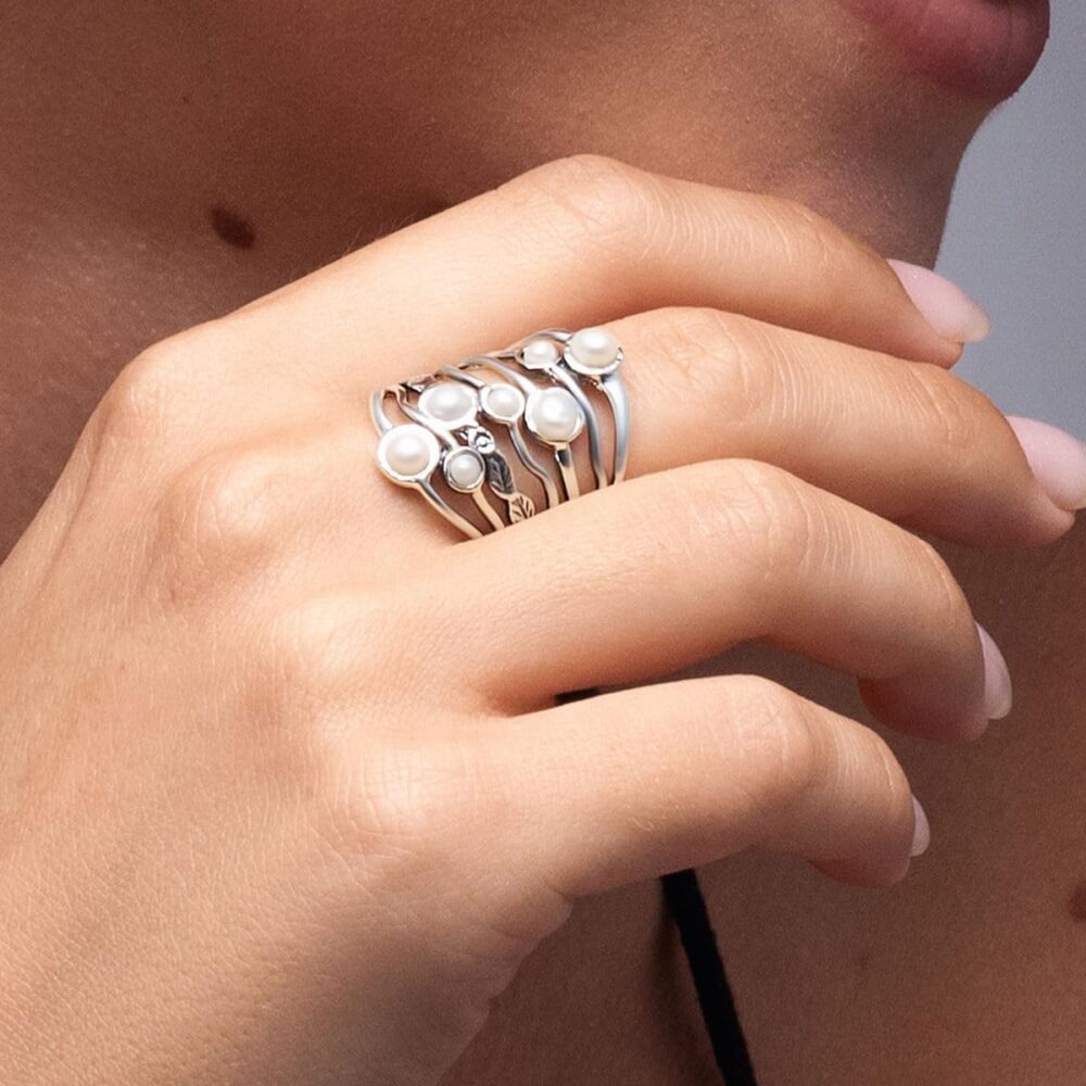 925 Sterling Silver Statement Ring Freshwater Pearls Floral Leaves Vintage Antique Casual Look Hypoallergenic Nickel and Lead-free Artisan Handcrafted Designer collection, Made In Israel 0 - Image 2