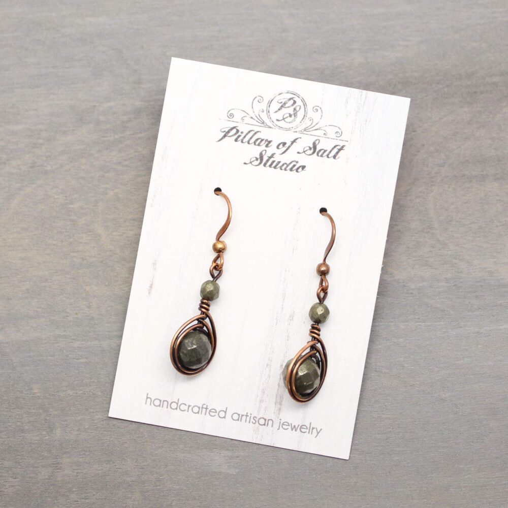 Handcrafted Copper Earrings with Pyrite Gemstone - Antiqued, 1" Drop - Image 5