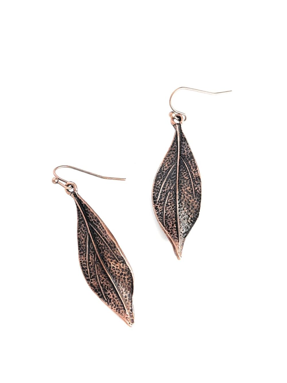 Wavy Leaf Copper Dangle Earrings Bohemian Boho