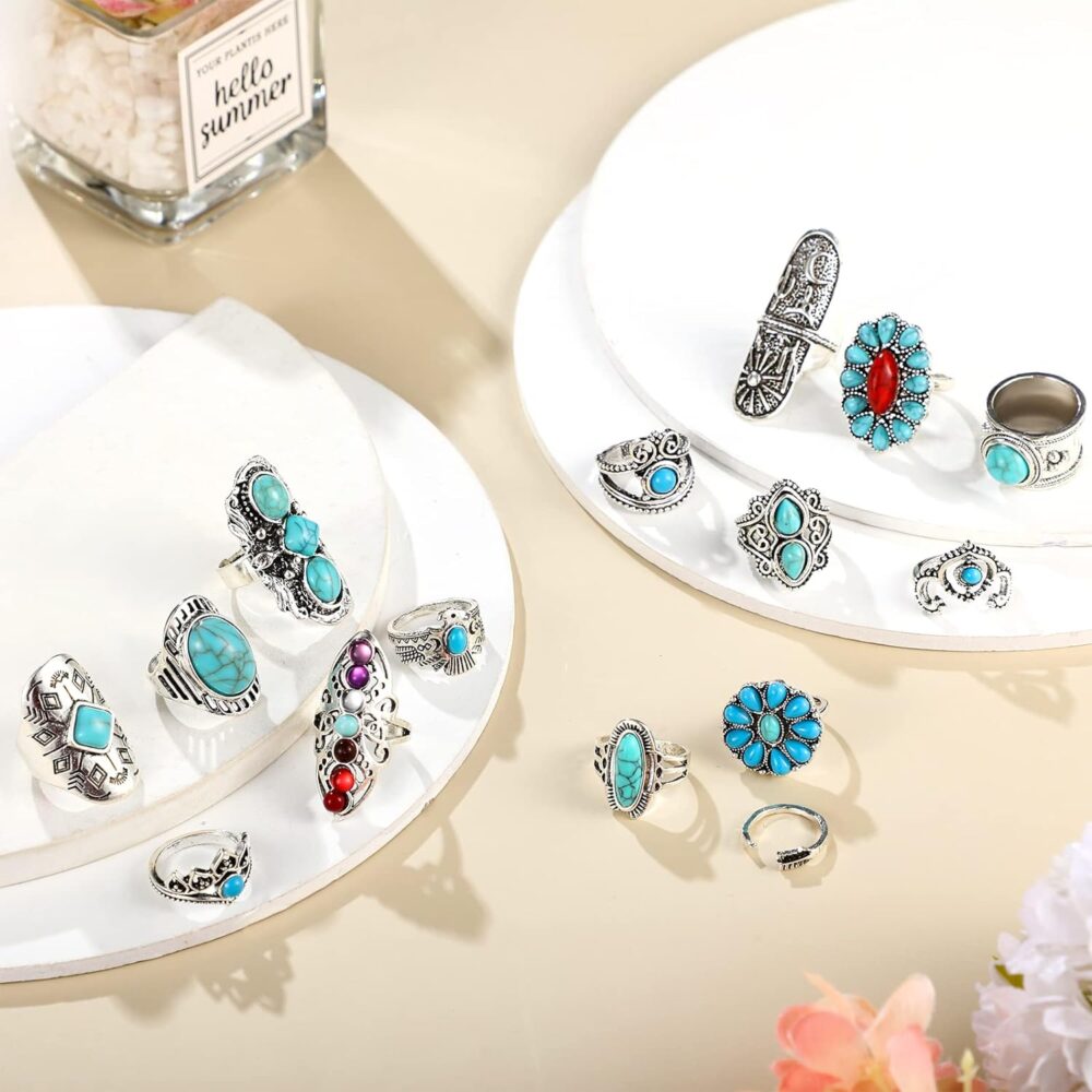 78 Pcs Vintage Turquoise Rings Set Women Western Bohemian Silver Oval Gemstone Boho Joint Knuckle Midi Stacking for and Girls - Image 3