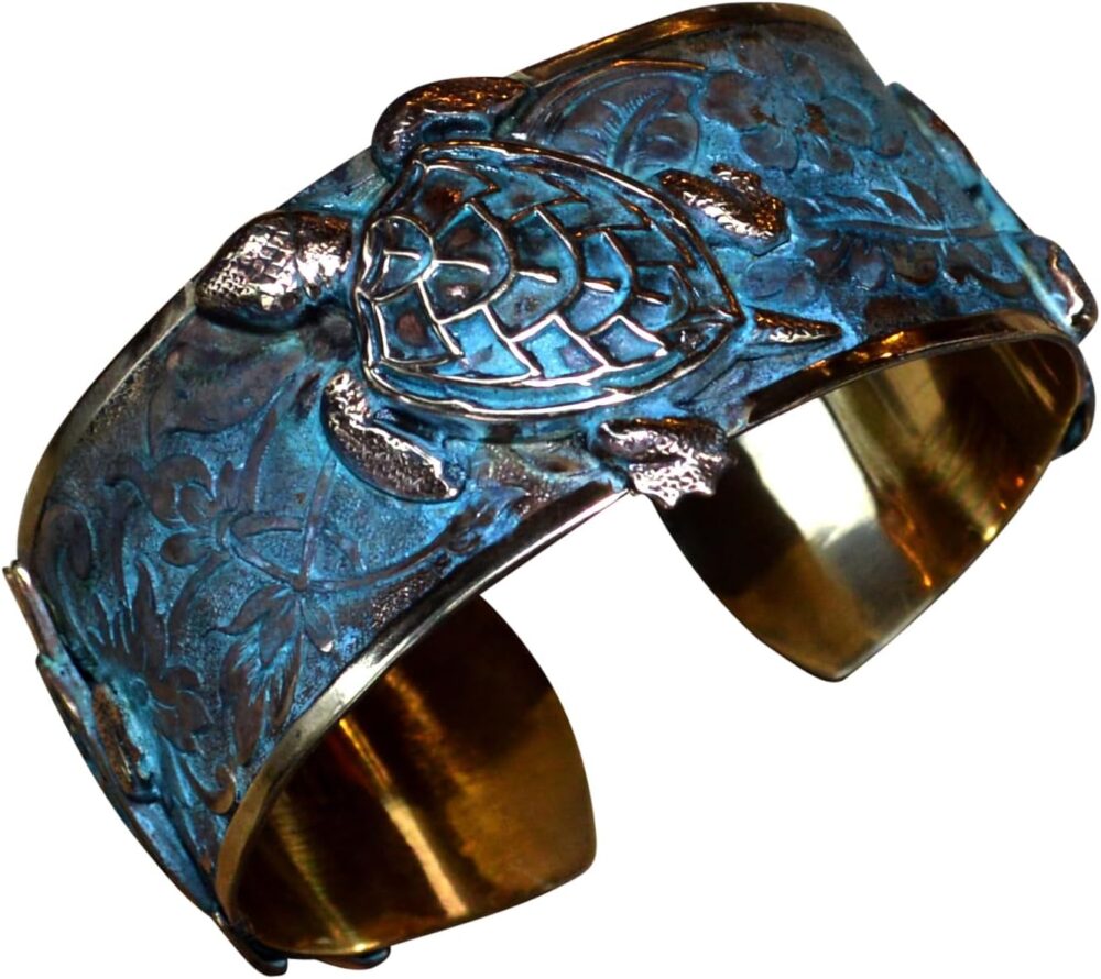 Classic Sea Turtle Cuff Bracelet - USA Made - Verdigris Patina Brass