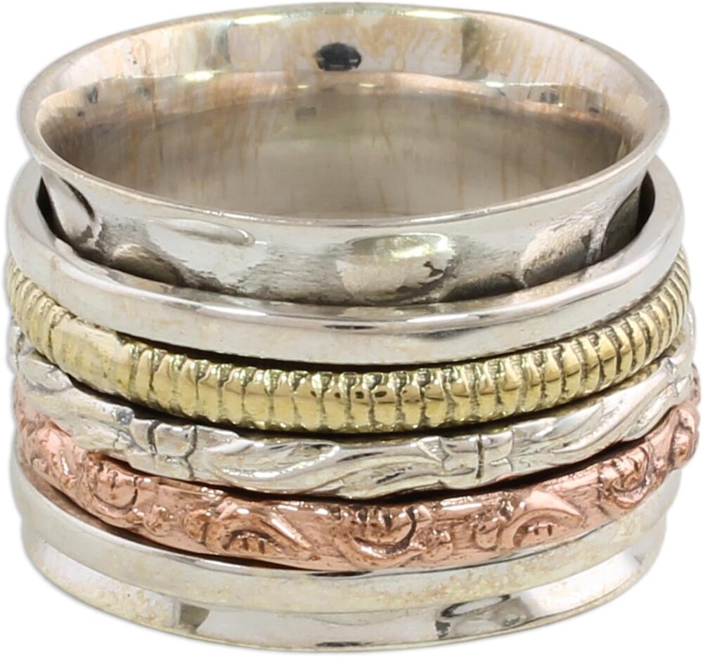 NOVICA Artisan Handmade Sterling Silver Meditation Spinner Ring Copper Brass Textured No Stone India Bohemian [band Width 14 mm W] 'Five Senses'