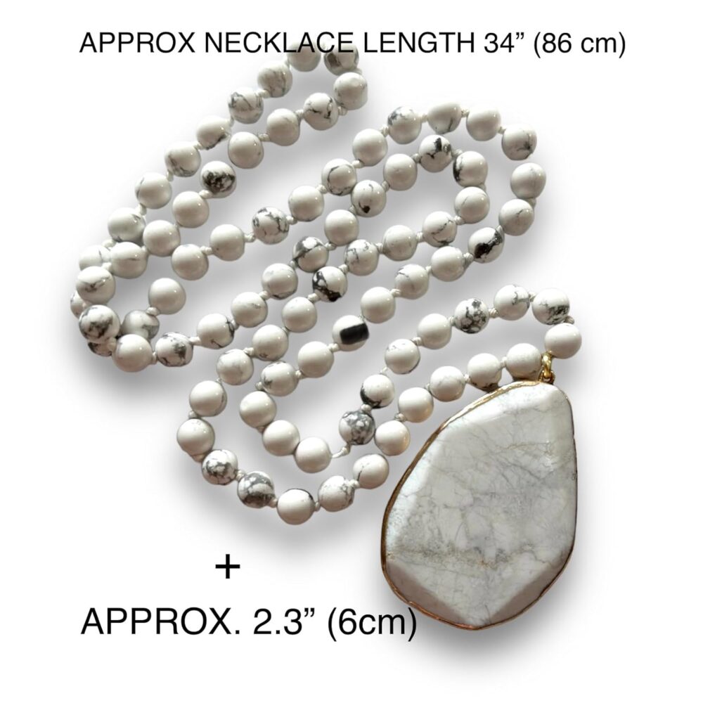 Long Genuine Stone beads and Pendant Necklace for Woman. Hand Knotted natural stone beads with big non-precious stone statement necklace. HANDMADE Boho (White) - Image 5