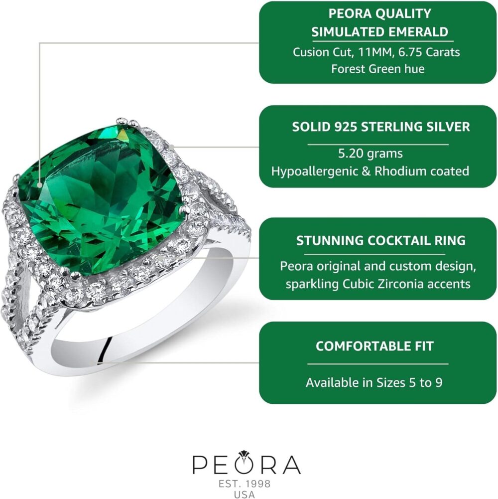 PEORA 6.50 Carats Simulated Emerald Ring for Women 925 Sterling Silver, 11mm Cushion Cut, Sizes 5 to 9 - Image 4