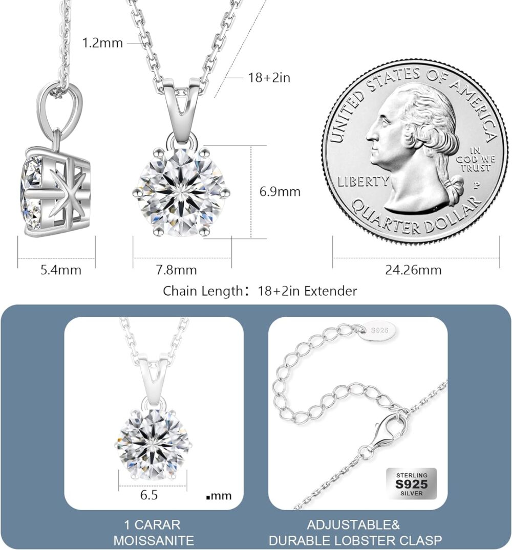 KRKC&CO moissanite pendant for women, Sterling Silver Lab Created Solitaire Diamond Pendant for Her, 4-Prong, GRA Certificate, Gift for Anniversary, Birthday, Wedding - to Wife, Girlfriend, Daughter - Image 3