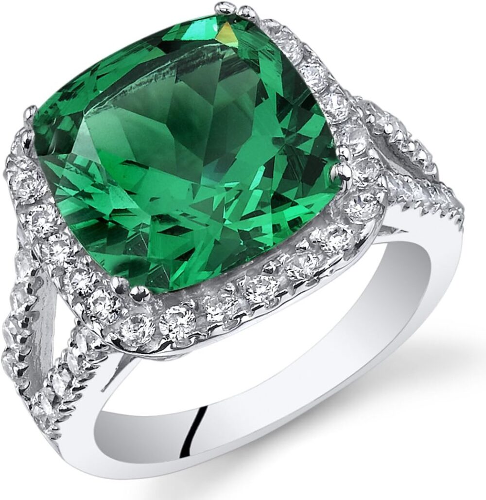 PEORA 6.50 Carats Simulated Emerald Ring for Women 925 Sterling Silver, 11mm Cushion Cut, Sizes 5 to 9