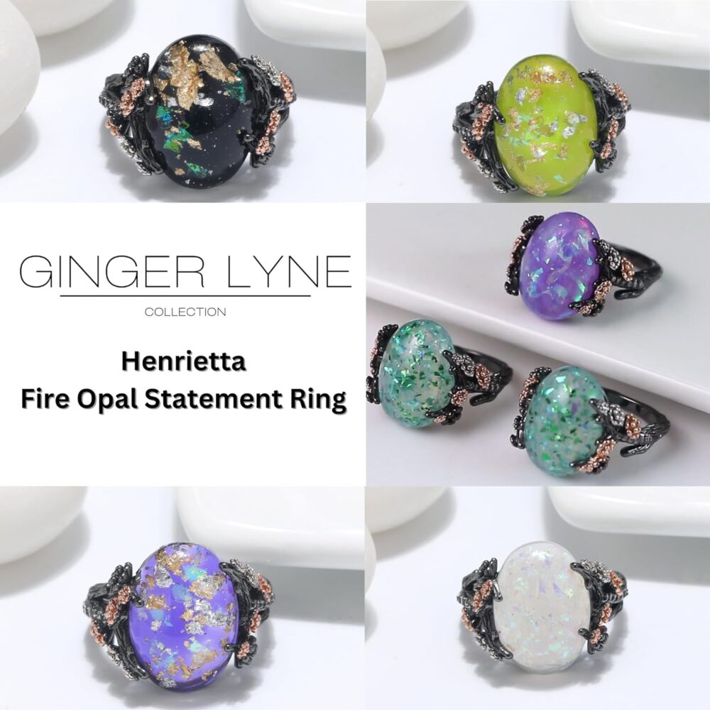 Ginger Lyne Collection Henrietta Simulated Fire Opal Ring for Women - Elven Gothic Black Plated for Engagement Promise or Statement -Tree Branch Flower Design Setting - Image 2