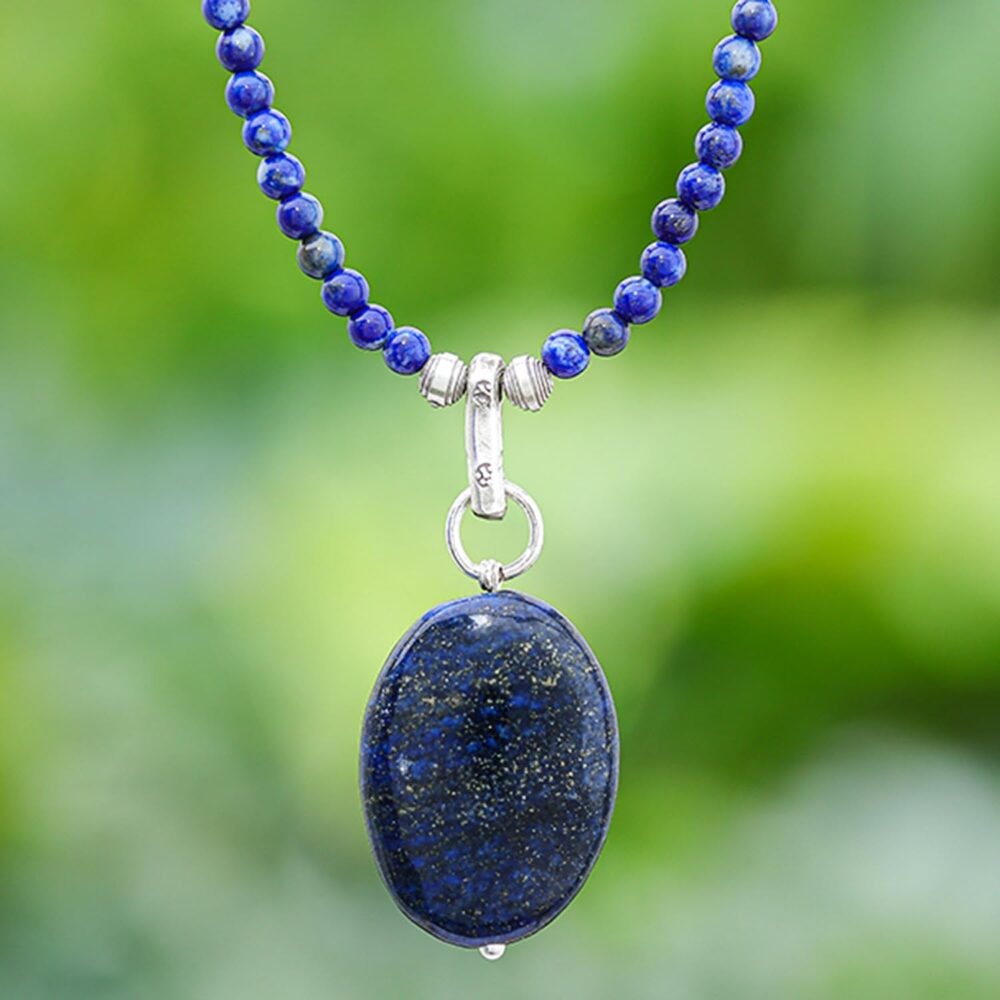 Handcrafted Lapis Lazuli Pendant Necklace | Crystal Pendant | Adjustable Sterling Silver Necklace | Artisan Blue Lady Necklace - Image 2