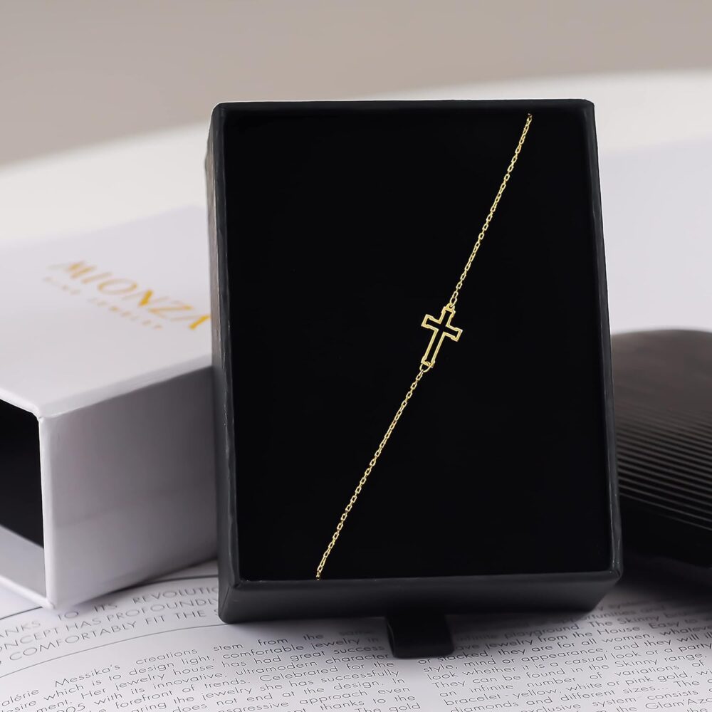 MIONZA Jewelry 14k Solid Gold Cross Bracelet for Women, Teen Girls, Baby | Real Gold Sideways Adjustable Cross Bracelet | Gold Plated Bracelet for Women | Christian Baptism Gift - Image 6