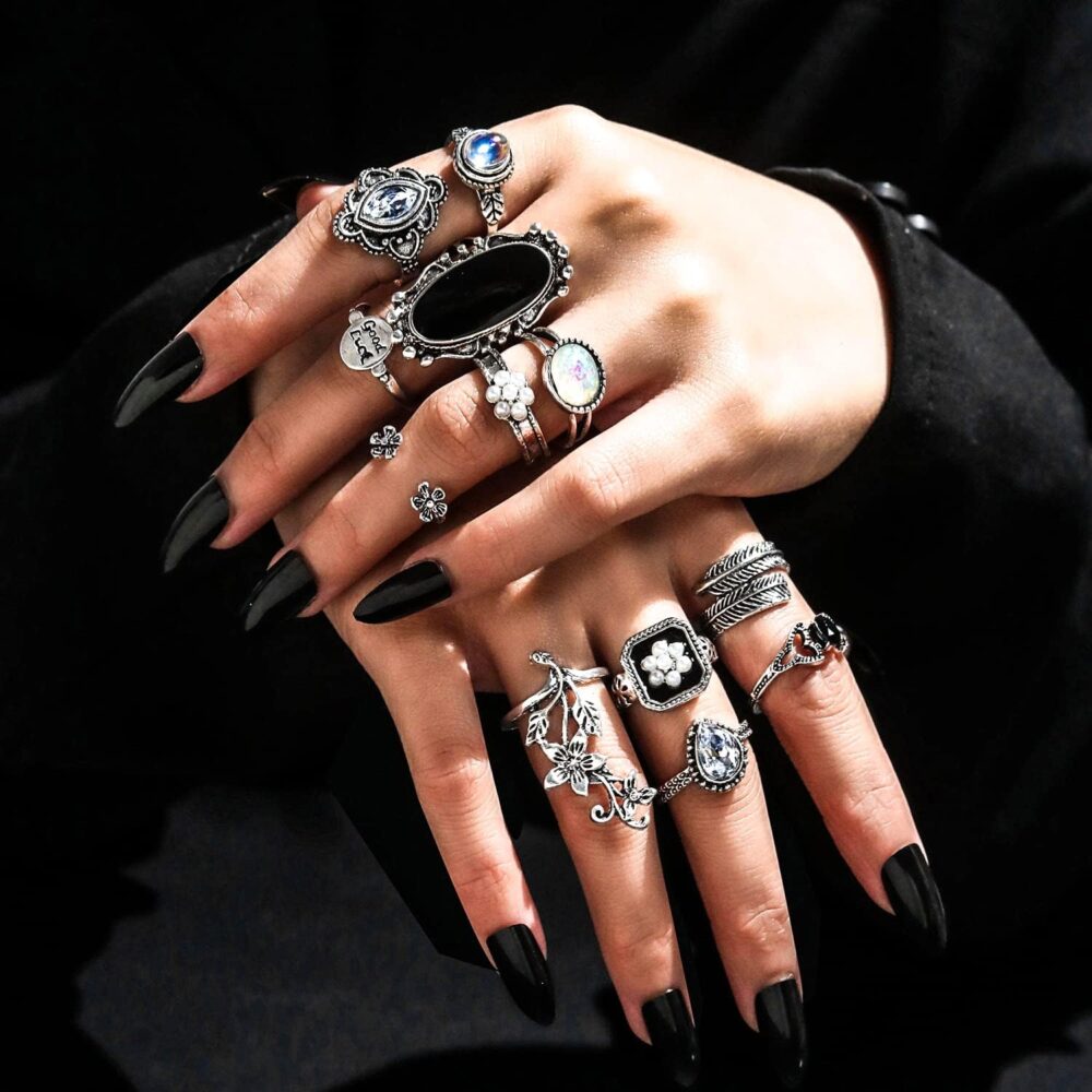 Vintage Silver Knuckle Rings Set for Women Men, Chunky Rings Aesthetic Snake Grunge Stackable Gothic Ring Adjustable Y2K Punk Bulky Boho Finger Alt of Rings, Stacking Fairy Skull Frog Heart Star Flower Midi Ring Pack - Image 2