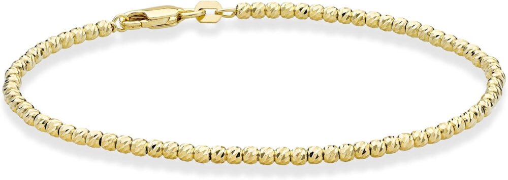 Miabella 925 Sterling Silver or 18Kt Yellow Gold Over Silver Diamond-Cut 2.5mm Bead Ball Chain Bracelet for Women Teen Girls, Made in Italy