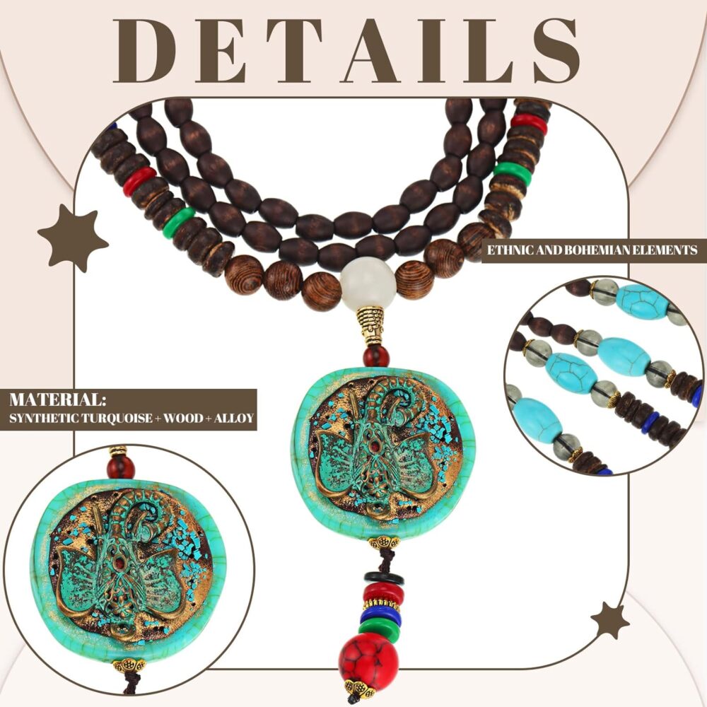 4 Pieces Long Boho Necklaces for Women, Bohemian Wood Beads Pendant Vintage Beaded Necklaces Turquoise Fish Elephant Necklace Chunky Nepal Necklace for Women Girl Jewelry - Image 2