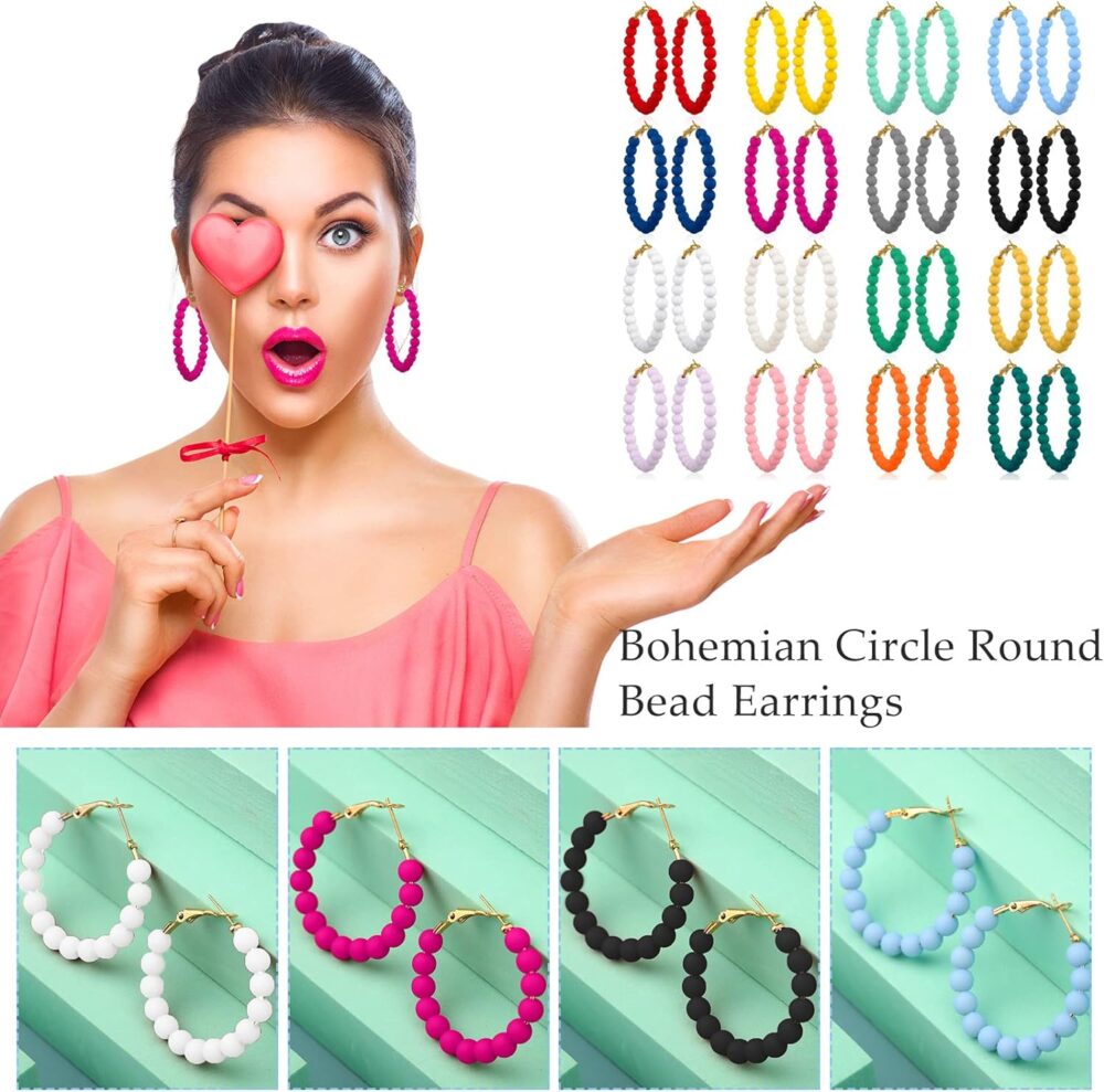 Sureio 16 Pairs Beaded Hoop Earrings Women Bohemian Circle Round Bead Earrings Bulk Colorful Bead Dangle Earrings - Image 4