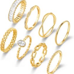 8Pcs Emerald Cut Eternity Stackable 14K Gold Rings for Women - Baguette Ring, Dainty Rings for Women, Non-Tarnish Gold Rings, Stackable Rings for Women & Fashion Rings Set
