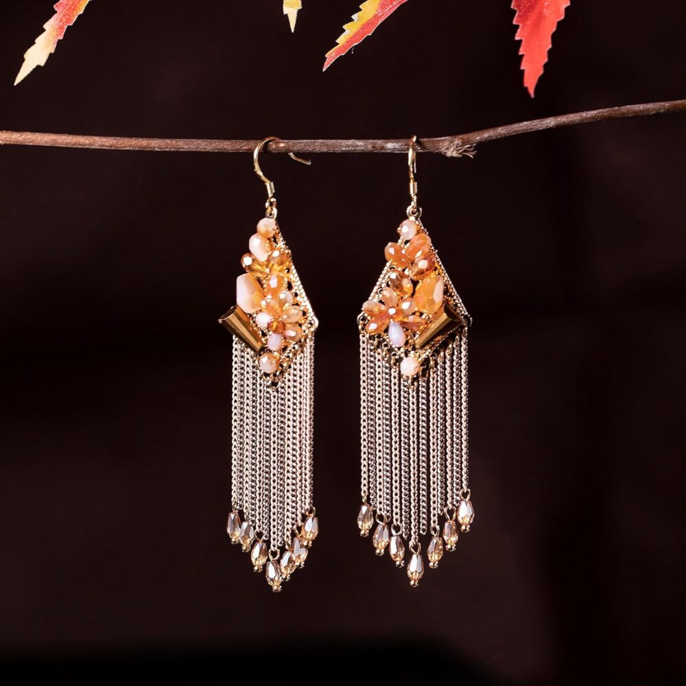 Boho Tassel Drop Dangle Earrings for Women Rhombus Shape Golden Beaded Ethnic Crystal with Bohemian Retro Vintage Flower Handmade Jewelry - Image 3