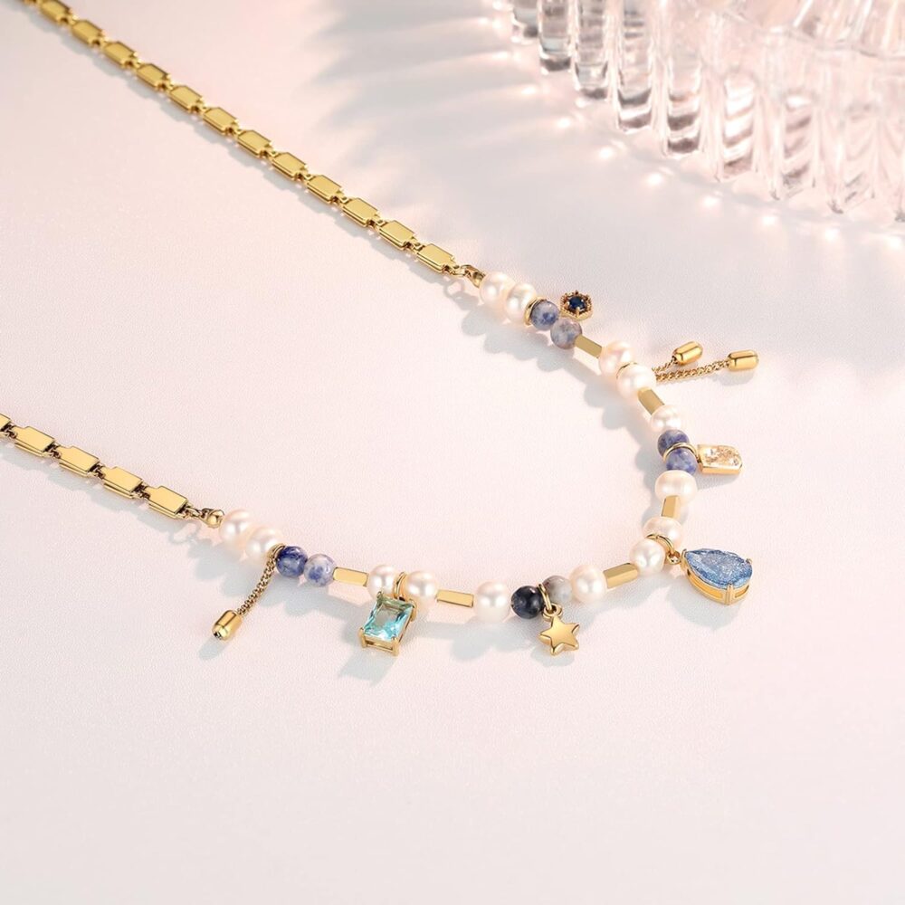 Handmade Necklaces Gold Chain Choker Necklace Crystal Necklace Bohemian style jewelry Aquamarine Pendant and Handmade Aesthetic Necklace with Multi Style Beads Unique Gifts for Women - Image 6