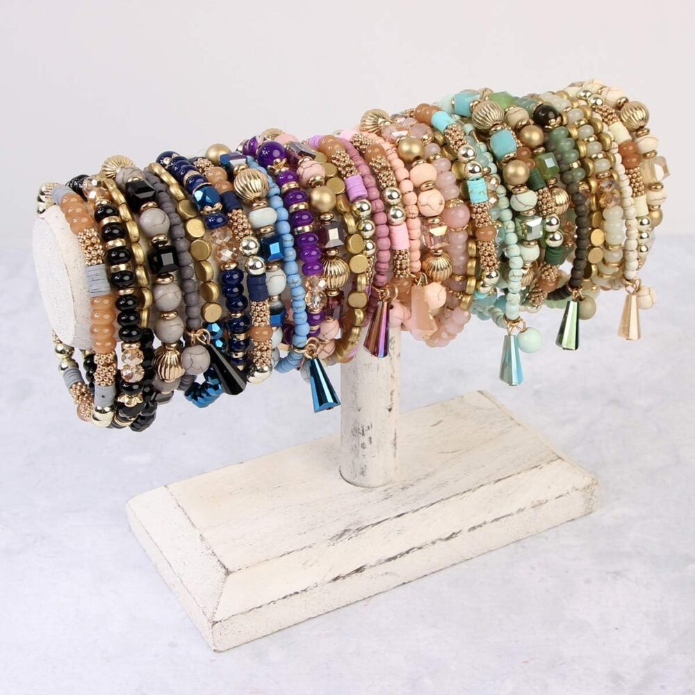 RIAH FASHION Bohemian Mix Bead Multi Layer Versatile Statement Bracelets - Stackable Beaded Strand Stretch Bangles Sparkly Crystal, Tassel Charm - Image 7