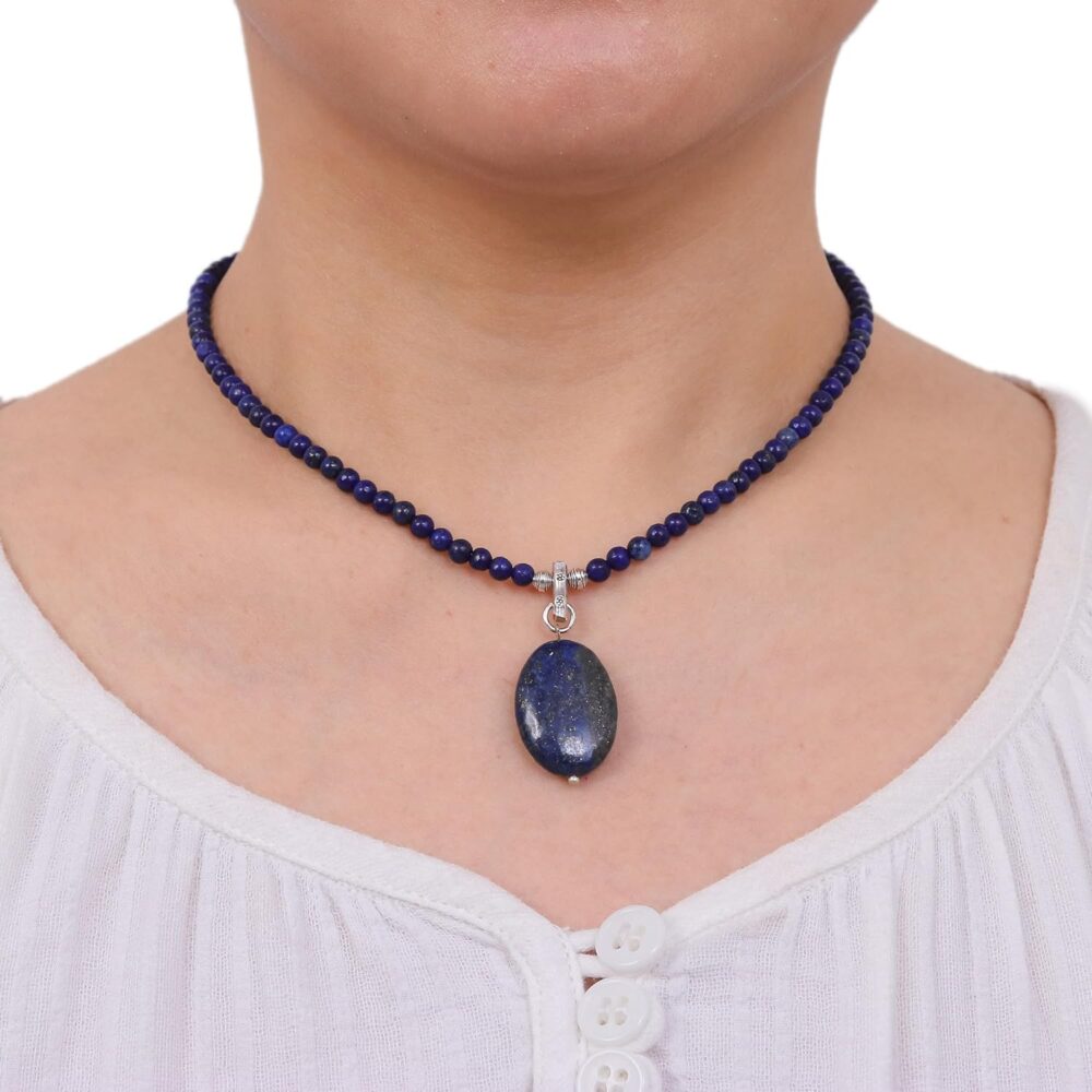 Handcrafted Lapis Lazuli Pendant Necklace | Crystal Pendant | Adjustable Sterling Silver Necklace | Artisan Blue Lady Necklace - Image 3