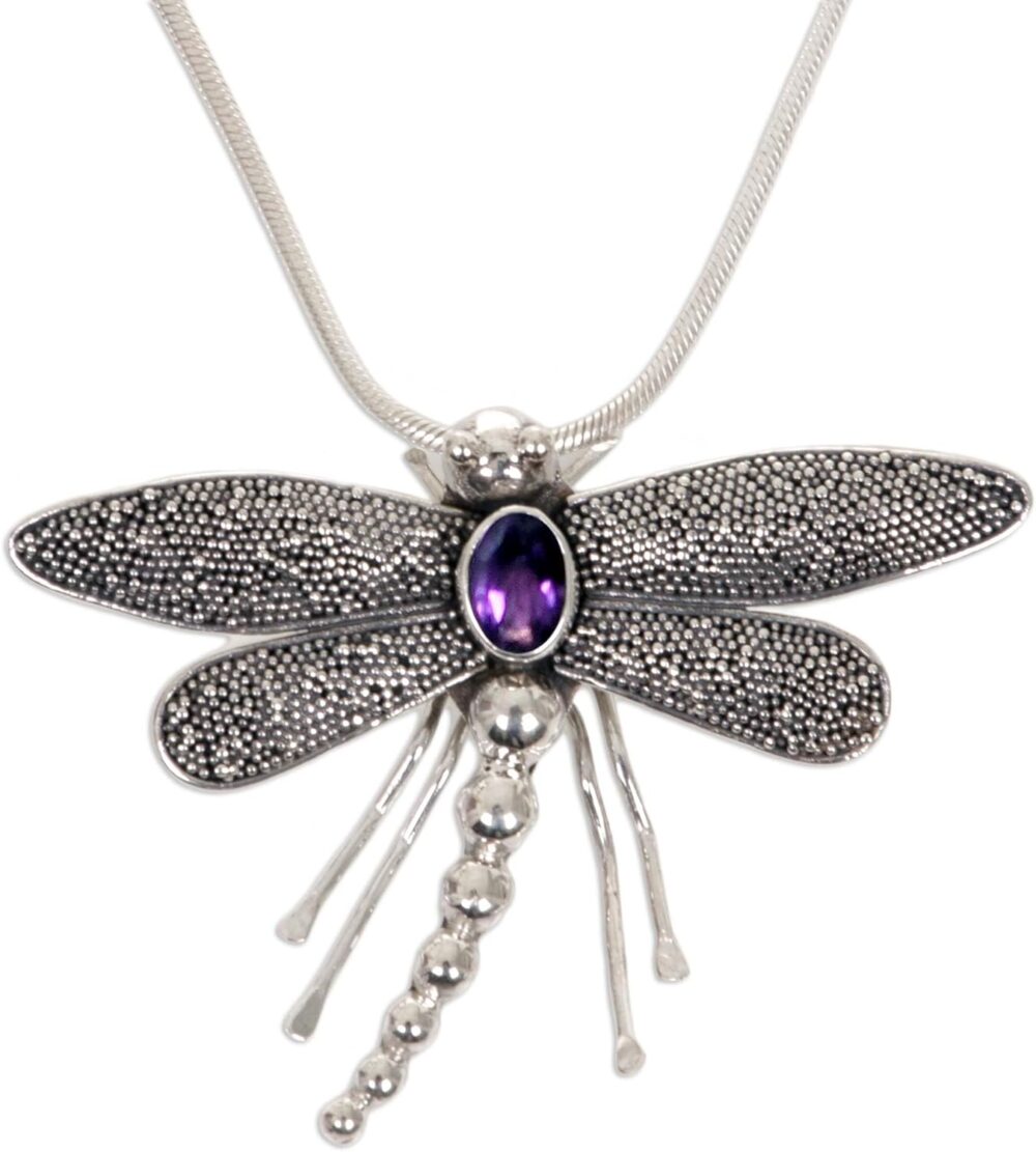 Artisan Handmade Amethyst Pendant Necklace Sterling Silver Purple Animal Themed Birthstone Balinese Dragonfly