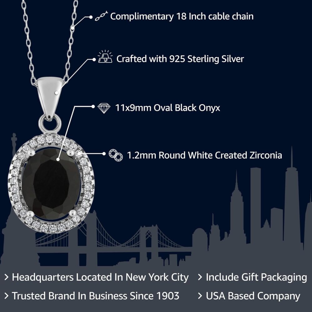 Gem Stone King 925 Sterling Silver Black Onyx Pendant Necklace For Women (3.40 Cttw, Oval 11X9MM, with 18 Inch Silver Chain) - Image 2