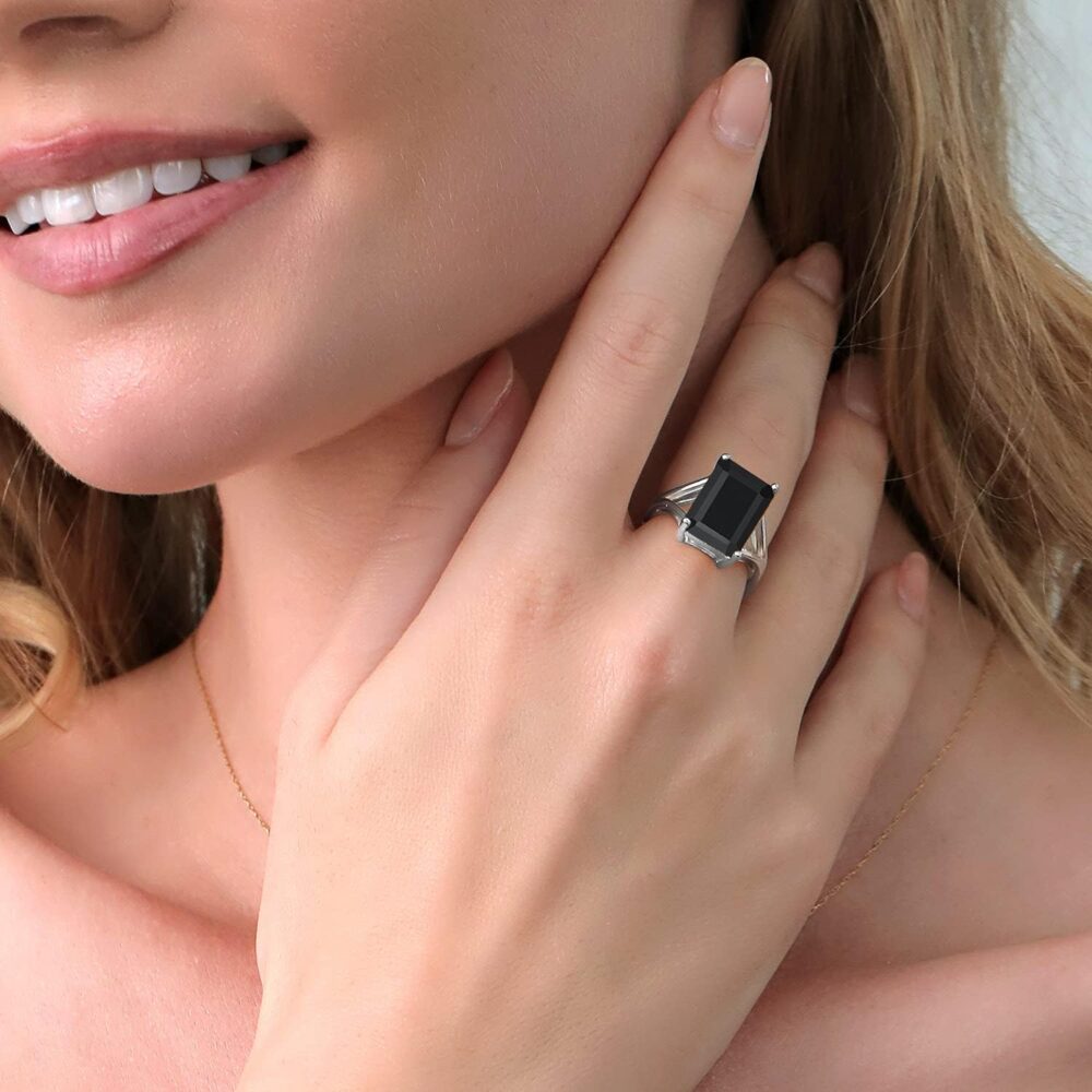 Gem Stone King 925 Sterling Silver Black Onyx Solitaire Ring For Women (6.60 Cttw, Emerald Cut 14X10MM, Gemstone Birthstone, Available In Size 5, 6, 7, 8, 9) - Image 6