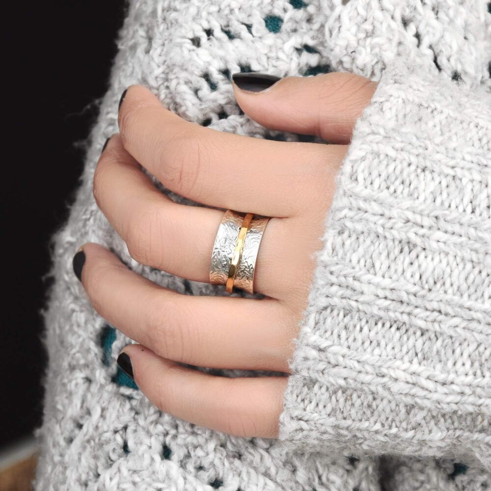 Boho-Magic 925 Sterling Silver Spinner Ring for Women with Brass Fidget Ring Flowers Band - Image 4