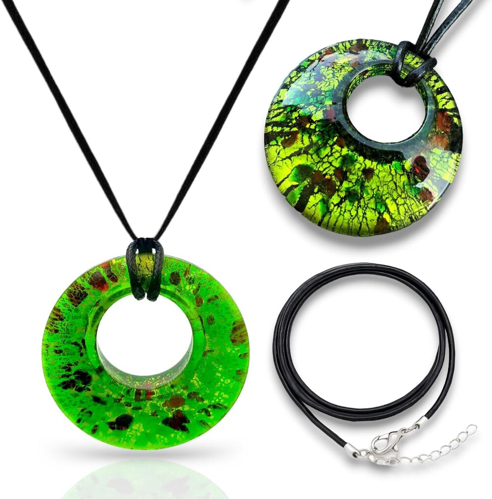 Handmade Murano Inspired Oval Green Glass Necklace Pendants - Hypoallergenic Artisan Lampwork Italian Style Glass Jewelry