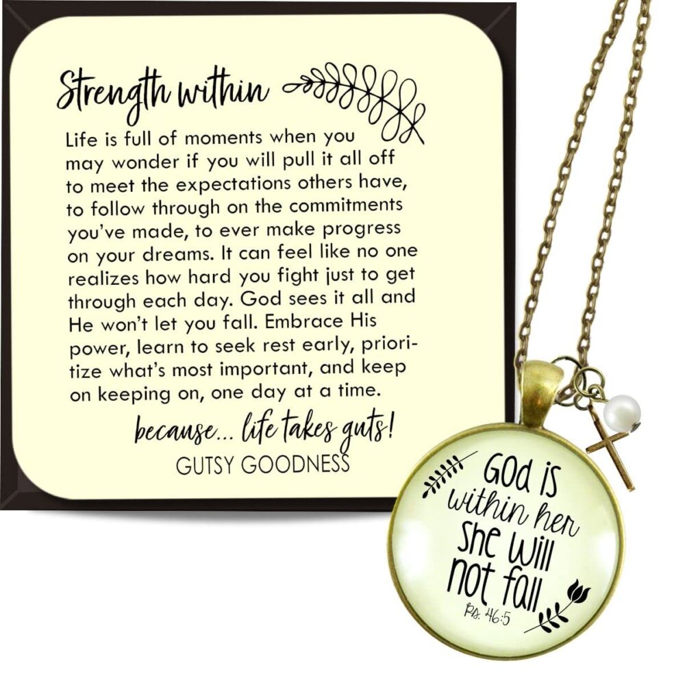 God is Within Her Necklace - Woman of Faith Teen Religious Jewelry, Psalm Bible Verse Pendant with Bronze Cross Charm