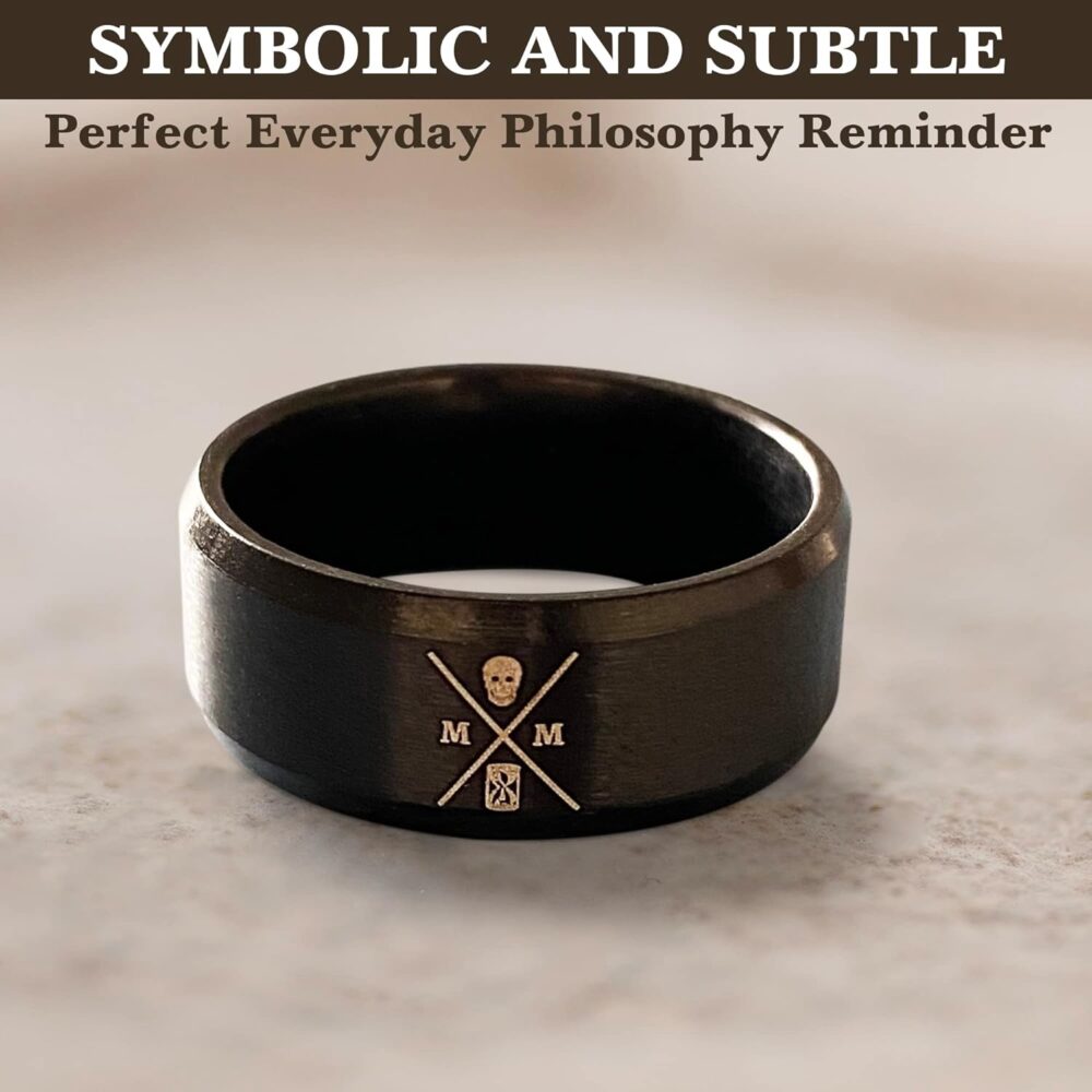 Memento Mori Ring - Stainless Steel Skull Ring For The Practicing Stoic - Black Momento Mori Ring With Minimalist Logo Design, Pinky Ring For Men Women