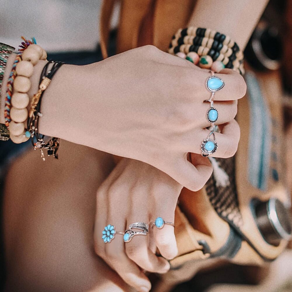 FIBO STEEL Bohemian Turquoise Jewelry Set for Women Western Jewelry Vintage Turquoise Pendant Necklace Turquoise Bead Bracelet Leather Cuff Bracelet Turquoise Dangle Earrings Turquoise Knuckle Rings Boho Jewelry - Image 5