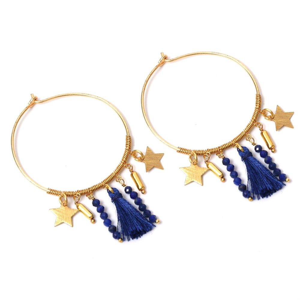 Gempires Blue Lapis Lazuli Earrings, Hypoallergenic Gold Hoop Dangling Earrings, Bohemian Style, Beach and Holiday Wear, Lightweight, Handmade, Gift for Women and Girls - Image 2