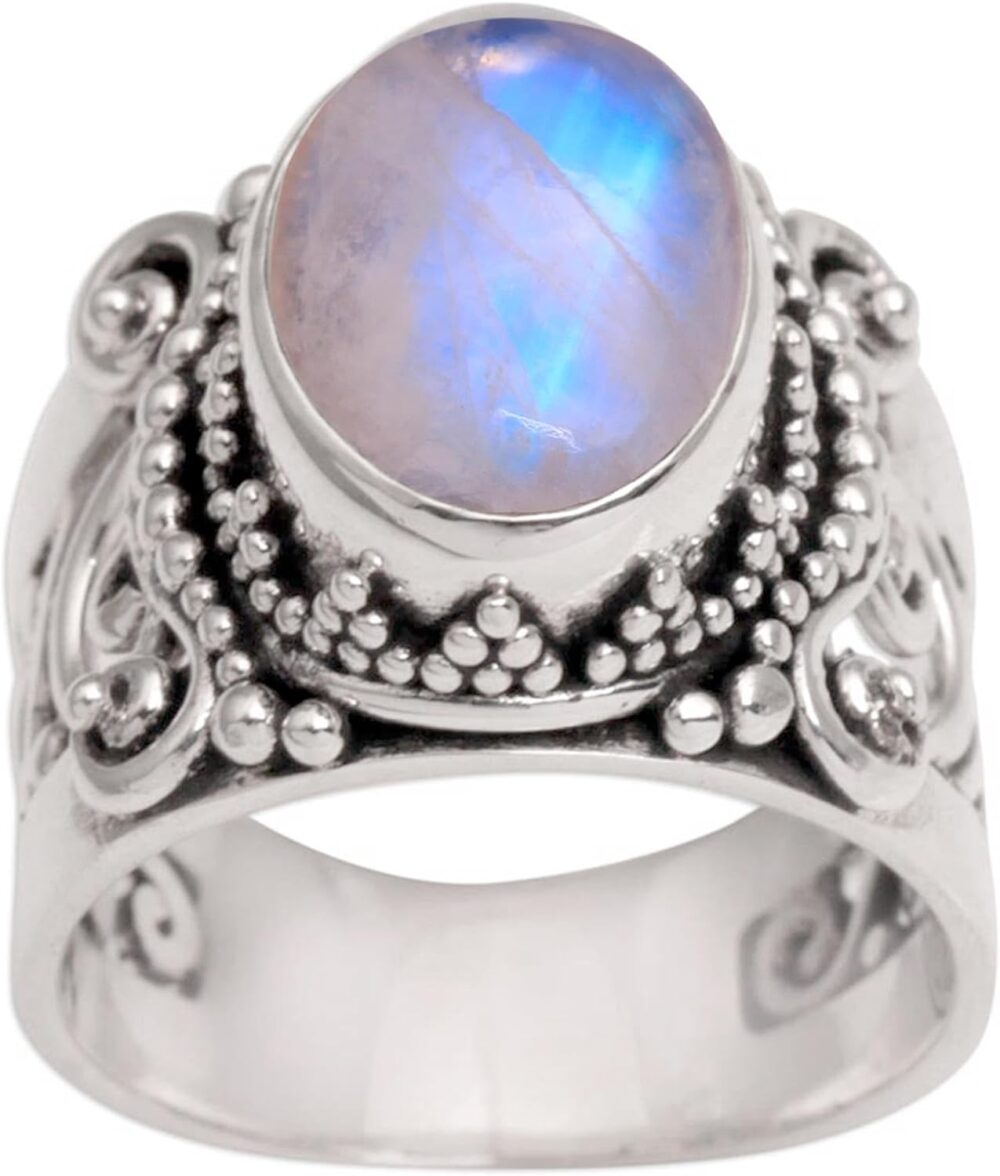 NOVICA Artisan Handmade Rainbow Moonstone Cocktail Ring .925 Sterling Silver Single Clear Indonesia Gemstone 'Glorious Vines'