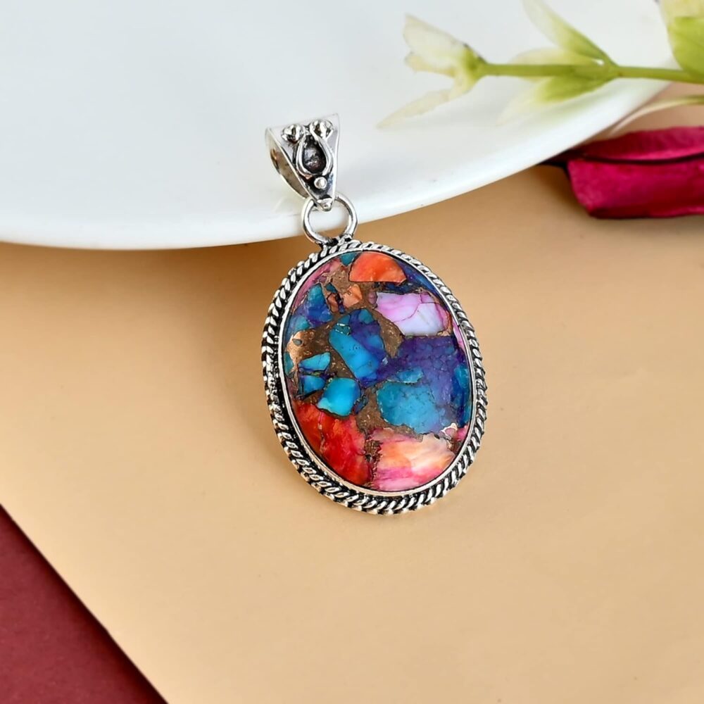 925 Sterling Silver Bohemian Pendant Necklace for Women with Oval Shape Multi Turquoise Gemstone - Image 4