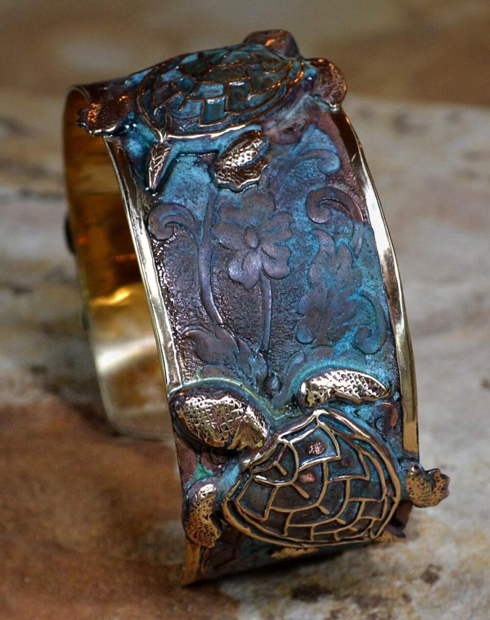 Classic Sea Turtle Cuff Bracelet - USA Made - Verdigris Patina Brass - Image 4