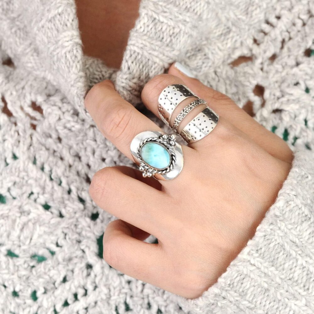 Boho-Magic Sterling Silver Larimar Ring for Women Oval Gemstone Boho jewelry - Image 4