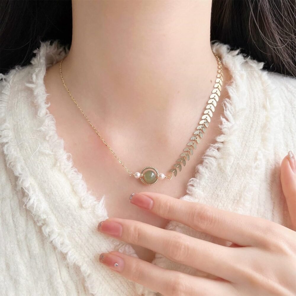 Handmade Hetian Jade Necklace for Women, Crystal Pearl Green Jade Choker Pendant - Gift for Friends, Mother, Lover (925 Sterling Silver with Real Gold Plated) - Image 3