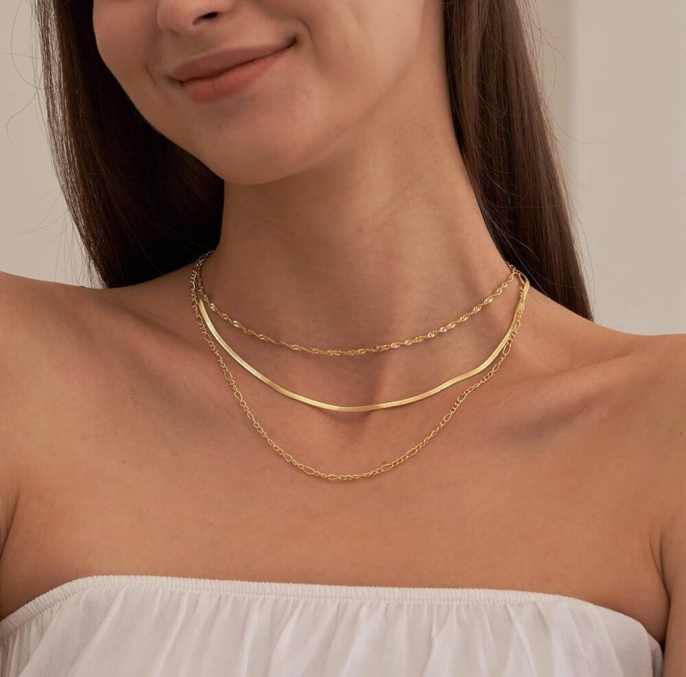 Herringbone Necklace For Women,14k Gold Plated Layered Gold Necklaces Dainty Gold Herringbone Necklace Chunky Thin Paperclip Snake Chain Choker Necklace For Women Girls Gold Jewelry Gifts - Image 4