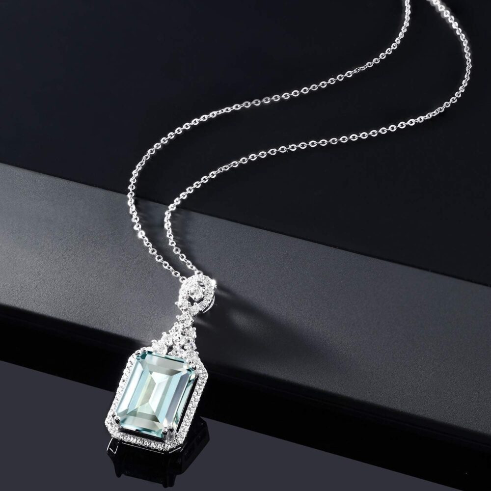 Gem Stone King 925 Sterling Silver Sky Blue Simulated Aquamarine Necklace | Emerald Cut 14X10MM Pendant Necklace for Women | 7.24 Cttw | with 18 Inch Silver Chain - Image 5