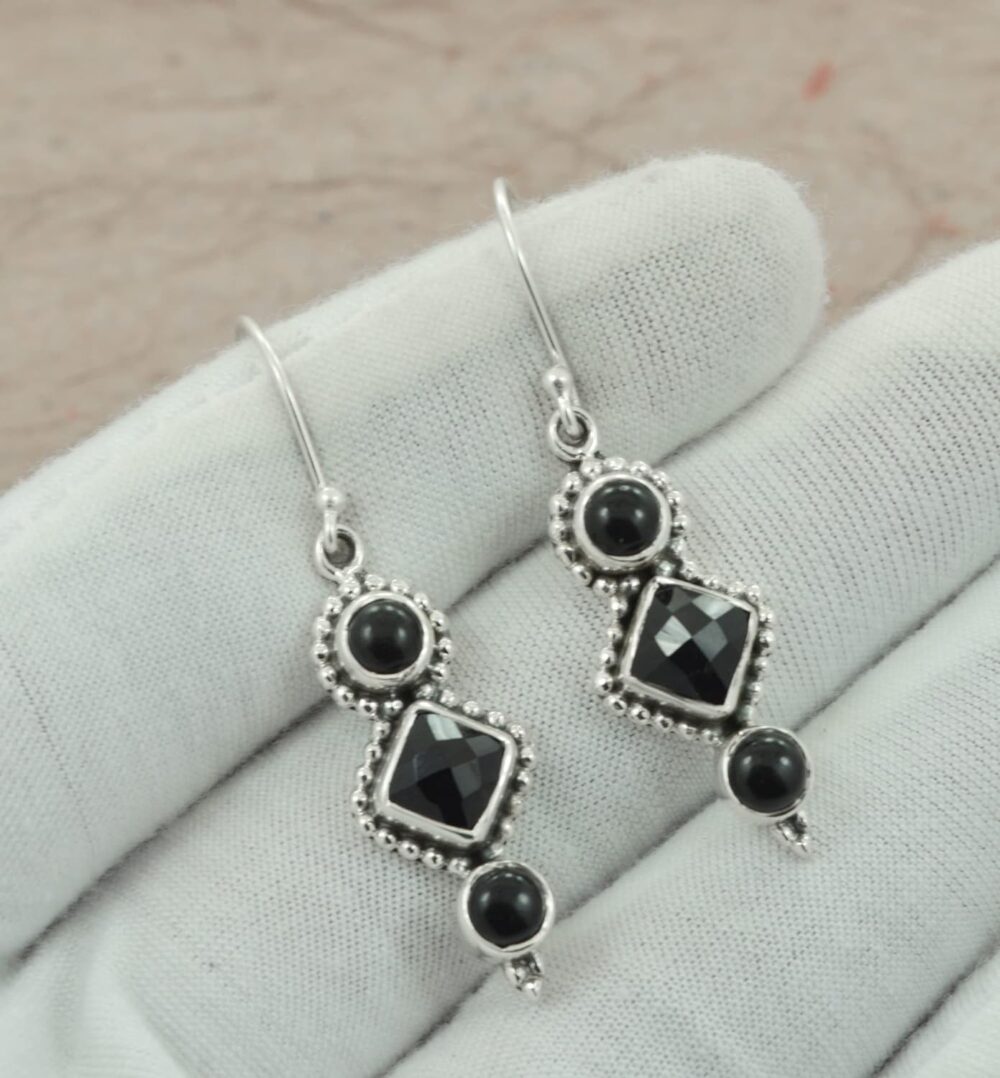 Genuine Black Onyx Bezel Earrings 925 Sterling Silver Dainty Filigree Dangle Earrings for Women Bohemian Handmade Jewelry Birthstone Elegant Minimalist Bridal Earrings Christmas Day Gift for Her - Image 7