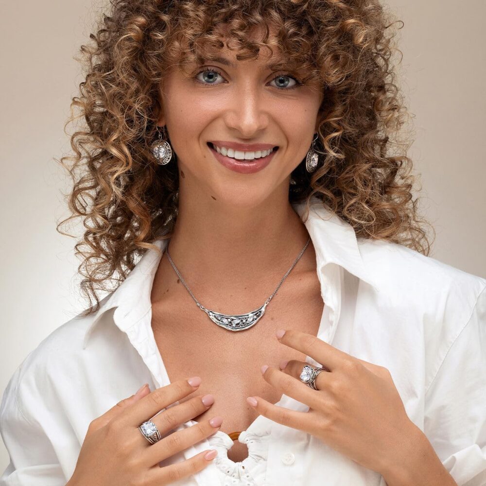 JEAN RACHEL JEWELRY 925 Sterling Silver Shield Necklace Statement With Marquise Shaped Cubic Zirconia CZ Hypoallergenic Nickel and Lead-free Artisan Handcrafted Designer Collection Made in Israel - Image 4