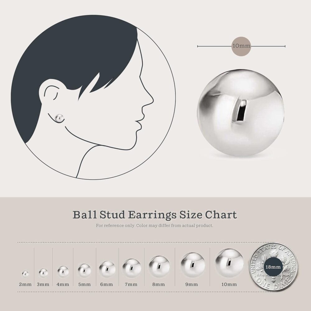 KEZEF Sterling Silver Ball Stud Earrings for Women - Hypoallergenic Lightweight Stud Earrings for Women | 2mm-16mm Ball Earrings in 14K Gold, Rose Gold or 925 Sterling Silver - Image 4