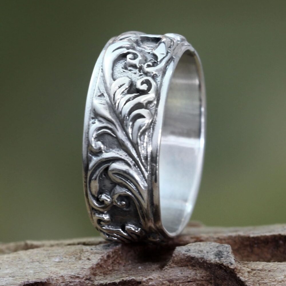 Handmade Sterling Silver Leaf Tree Band Ring - 8mm Width - Flourishing Foliage - Image 2