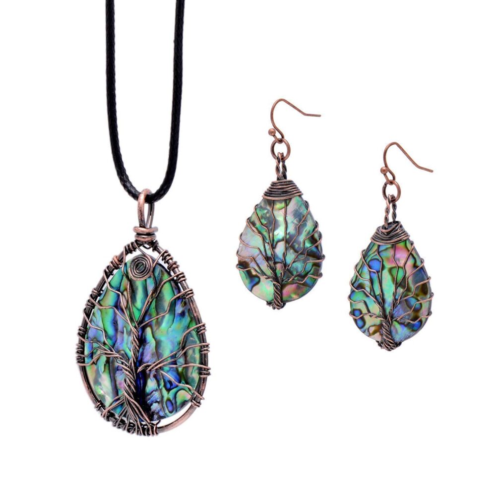 Handmade Teardrop Abalone Shell Dangle Earrings for Women, Wire Craft Tree of Life Earrings - Image 8