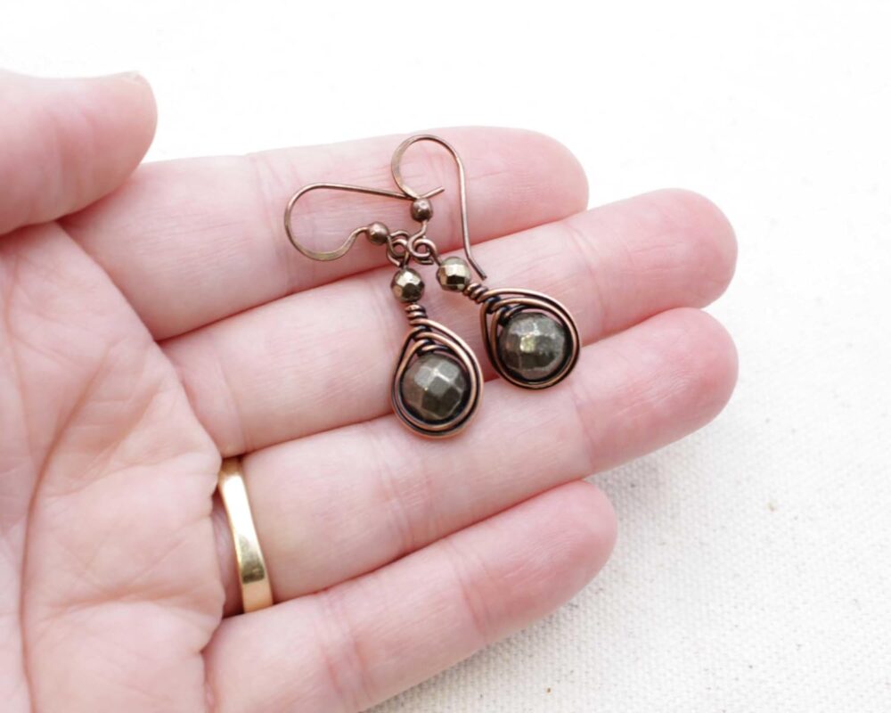 Handcrafted Copper Earrings with Pyrite Gemstone - Antiqued, 1" Drop - Image 6