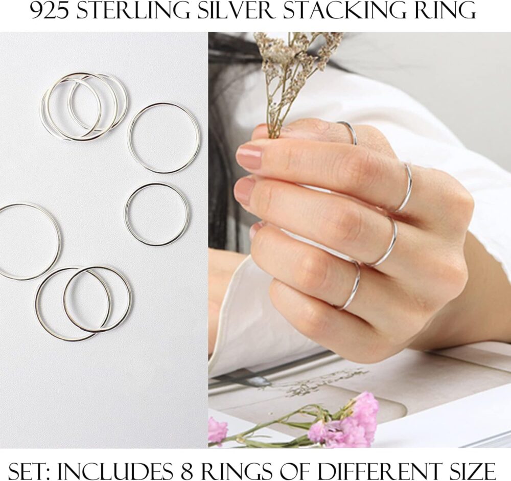 CANDYFANCY 925 Sterling Silver 1.2mm Stacked Midi Thin Rings for Women Knuckle Ring Band Stacking Ring Set Size 2.5-8.5 - Image 3