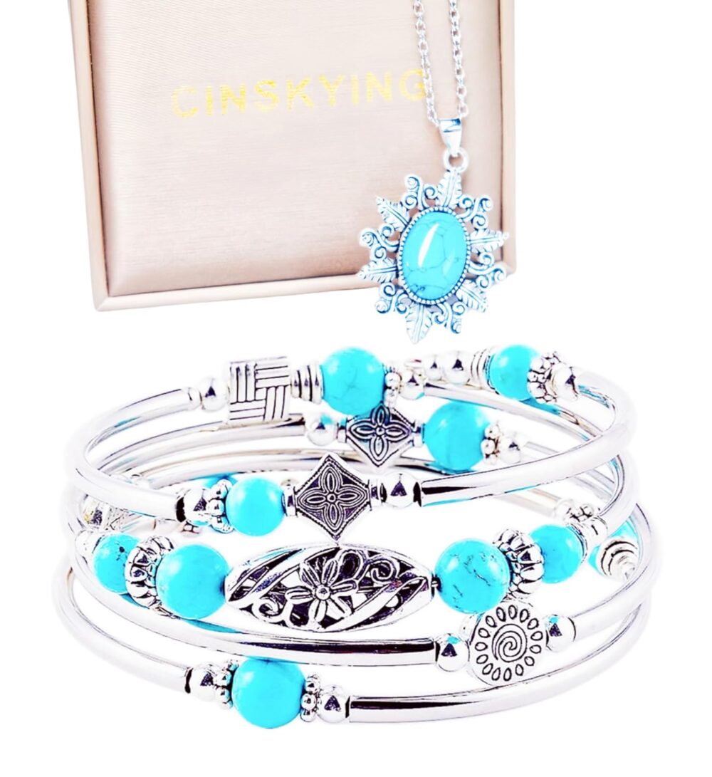 2Pcs Boho Multilayer Turquoise Beads Bracelet for Women, handmade Layered Wrap Bangle and Necklace Jewelry Set with Natural Crystal Stone, Stress Relieve Healing bracelets, Gifts For Women