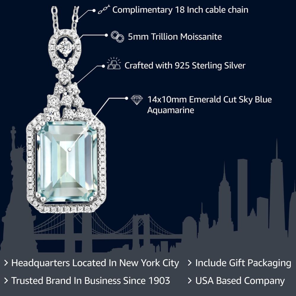 Gem Stone King 925 Sterling Silver Sky Blue Simulated Aquamarine Necklace | Emerald Cut 14X10MM Pendant Necklace for Women | 7.24 Cttw | with 18 Inch Silver Chain - Image 2