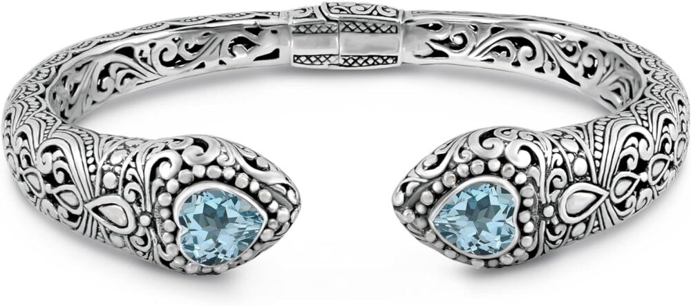 Sterling Silver 925 with Gemstones Bali Filigree Cuff Bracelet - Image 2